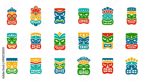 Tribal tiki masks. Polynesian style vector design for tattoos, festival art, tropical decor and cultural illustrations