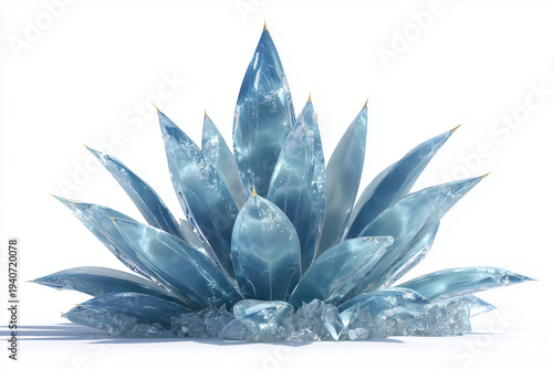 Blue crystal formation with golden tips on a white background.