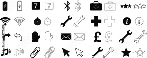 Set of 40 Outline and Solid Black UI UX Icons Vector for Web, Mobile App, and Graphic Design: Battery, Calendar, Bluetooth, First Aid, Wi-Fi, Spanner, Mail, Music, Cursor, Star
