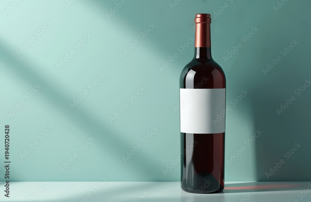Fototapeta premium Dark glass wine bottle with blank label stands on table. Soft light casts shadows on teal background. Perfect for branding or product display.