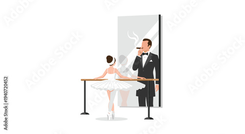 A ballerina in a white tutu stands at a wooden barre, looking at her reflection of a man in a tuxedo smoking a cigar.