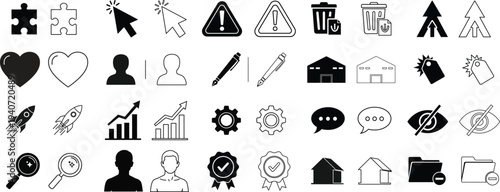 Set of 40 Outline and Solid Black Universal Web Icons Vector Collection for Business, Technology, and User Interface Design