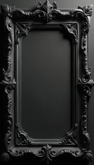 Ornate black frame with detailed carvings. Elegant baroque style border for art or certificate. Luxury decorative edge for elegant interior design.