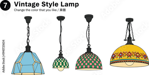 Set of vintage style pendant lamps including colorful stained glass, geometric blue shades, checkered mosaic patterns, and ornate yellow tiffany hanging lights