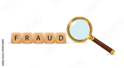 A shiny brass-framed magnifying glass with a dark wooden handle rests beside five wooden cube blocks spelling FRAUD.