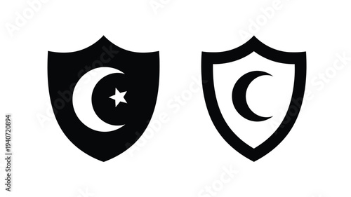 Two shield emblems featuring islamic crescent moon and star silhouette