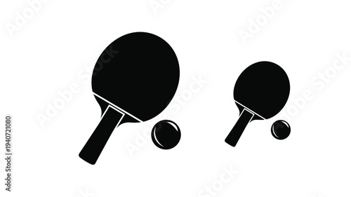 Two ping pong paddles and balls depicted in a dark silhouette