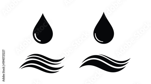 Two water droplets and wavy lines a minimalist black silhouette