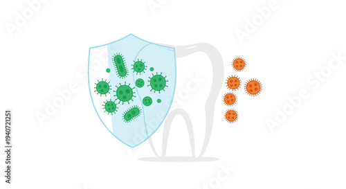 A stylized white molar tooth is partially covered by a translucent light-blue shield containing green bacteria, while orange viruses float nearby.