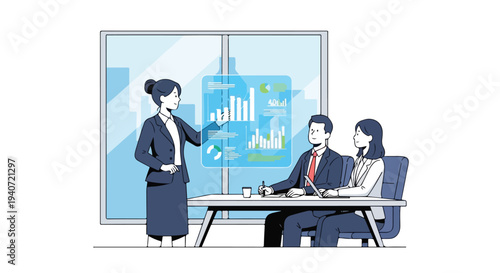 Flat 2D illustration of a businesswoman presenting a graph to two colleagues in a modern office with a tech and innovation theme.