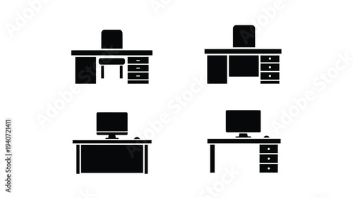 Four black office desks arranged in a grid a bold silhouette