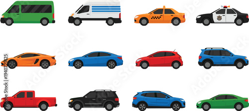 vehicles, car collection, transport set, automobile types, taxi, police car, van, pickup truck, SUV, hatchback, sedan, vector illustration