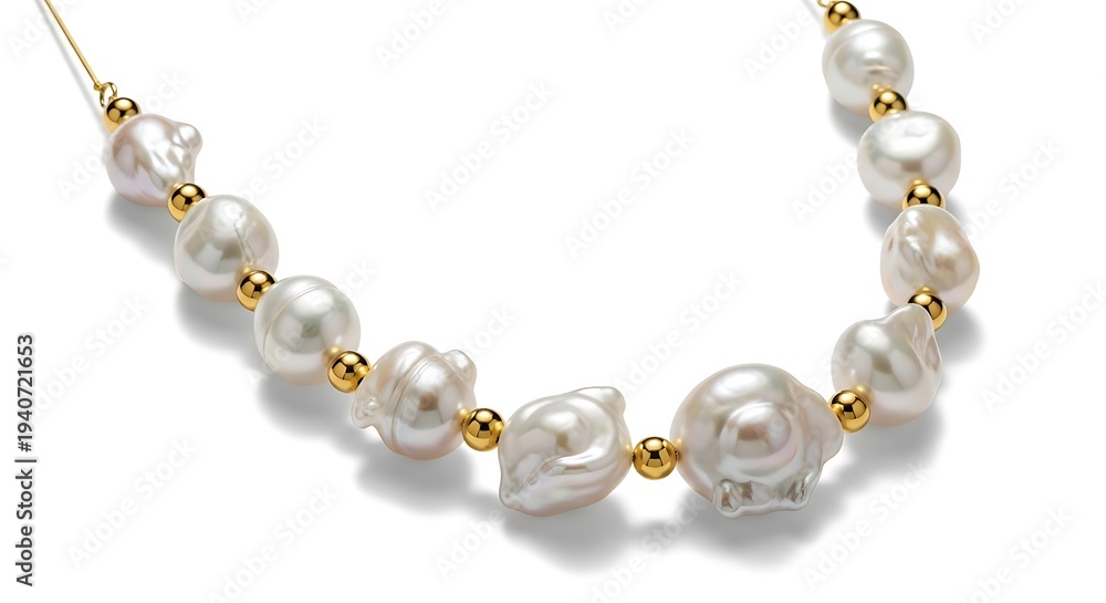 Fototapeta premium Elegant white freshwater pearl necklace with gold clasp on white background