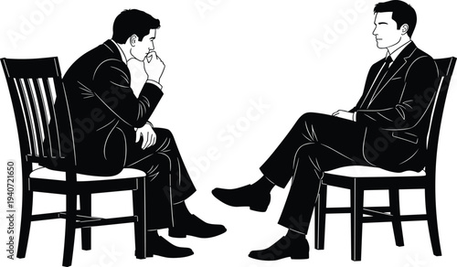 Silhouette of business people talking, formal meeting, interview scene, professional consultation, attentive posture, thoughtful gesture, corporate discussion, workplace communication, chairs