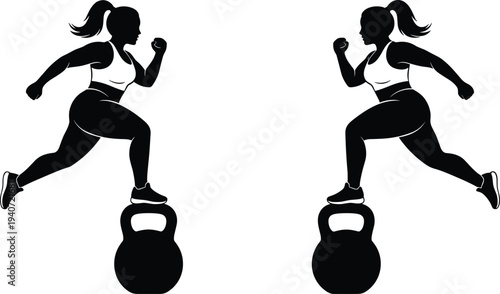 Silhouette of fitness woman exercising, kettlebell workout, running pose, athletic training, sports bra, leggings, ponytail, strength routine, gym exercise, motion