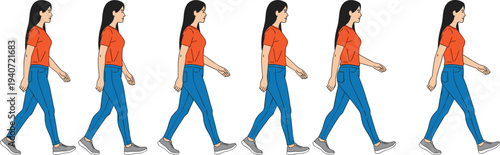 walking, woman, animation, sequence, movement, step, motion, character, female, walkcycle, walkingcycle, illustration, vector, motionstudy, frame, activity, people, design, sideview, animationframe
