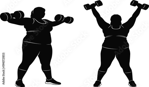 Plus size woman lifting dumbbells silhouette, strength training workout, fitness motivation, body positivity exercise, healthy lifestyle, female weightlifting illustration