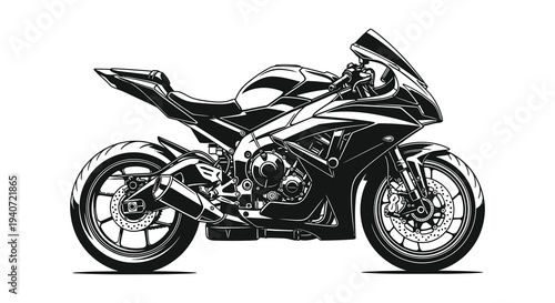 A detailed illustration showcases a sleek modern sportbike in a striking black and white silhouette high quality professional elegant stylish clean