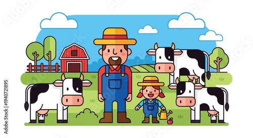 A cheerful farmer and child stand with cows on a bright day showcasing a flat vector silhouette high quality professional detailed