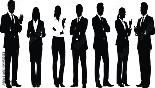 Business people silhouette collection, professional men and women standing confident corporate poses isolated on white background vector illustration set