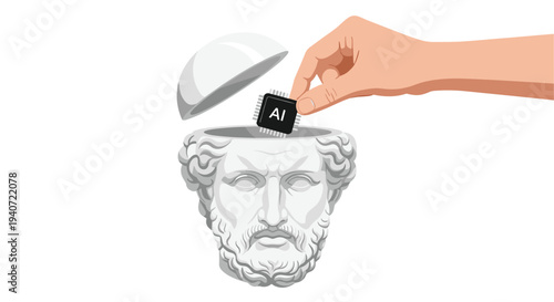 A human hand places a black artificial intelligence microchip into the open head of a white classical marble bust statue.