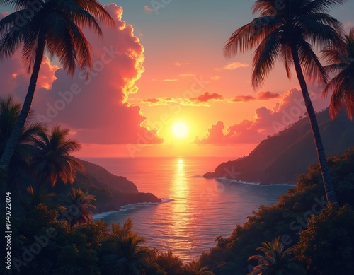 Tropical island bay at sunset. Sun sets over ocean horizon reflecting gold light on water. Palm trees frame vibrant sky with orange clouds. Rich green hills border calm sea.