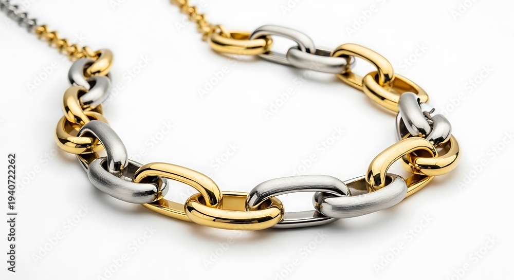 Fototapeta premium Gold and silver interlocking chain necklace close-up on white background luxury jewelry