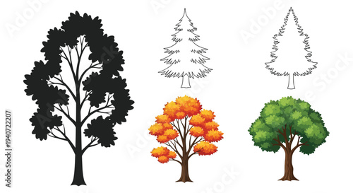 Illustrations depicting trees in various styles including a striking black silhouette high quality professional detailed modern elegant stylish clean crisp vibrant