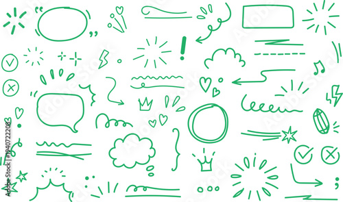 Hand drawn Line Set. Scribble Highlight, Arrow, Star Sparkle. Text Underline Drawn, Speech Doodles.
