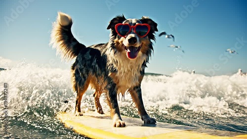 Dog surfing on a yellow board.