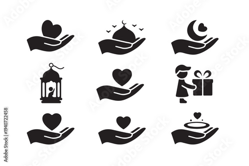 Nine monochrome icons showing charitable giving and religious offering concepts with hands holding hearts and mosque symbols