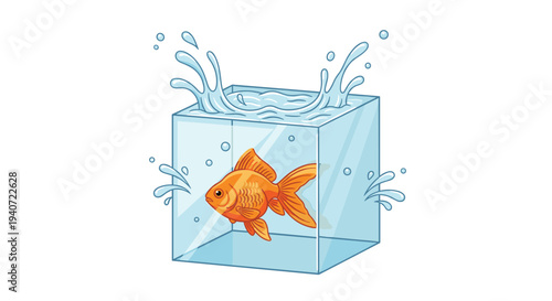 A single orange goldfish is contained within a transparent cubic glass tank as water splashes dynamically from its top and sides.