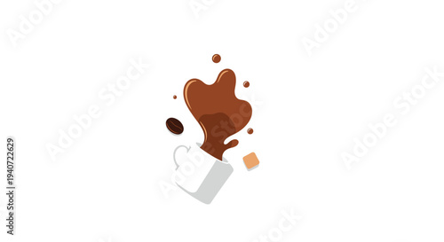 A white ceramic coffee mug is tilted, spilling dark brown coffee, coffee beans, and sugar cubes in a dynamic splash.