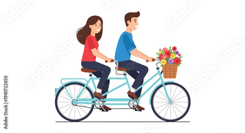 A cheerful couple enjoys a leisurely bike ride together carrying a basket of flowers a delightful silhouette high quality professional