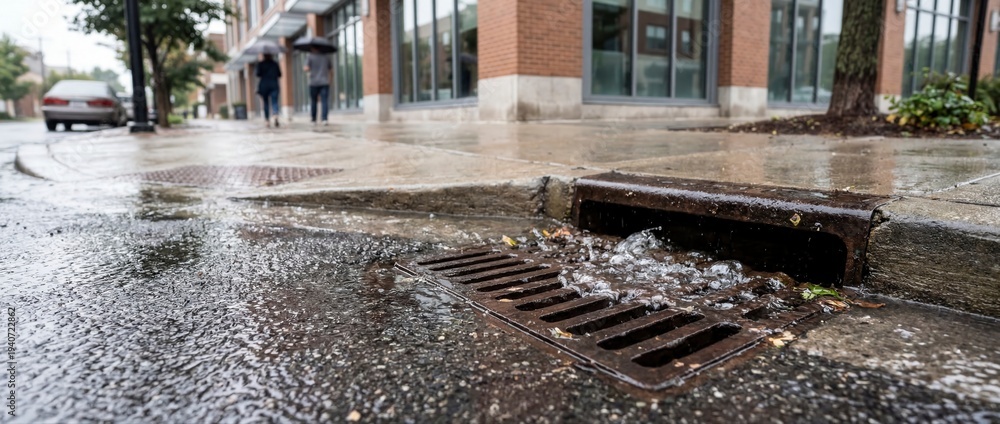 Obraz premium Rainwater flowing into a metal storm drain on a wet city street. Urban drainage system during a rainy day. Water runoff concept