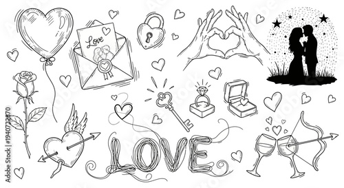 Couple embracing under starry night surrounded by love symbols and hearts in a whimsical illustration