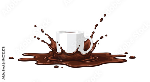 A white ceramic coffee mug sits upright, surrounded by a wide, radiating splash of dark brown coffee with suspended droplets.