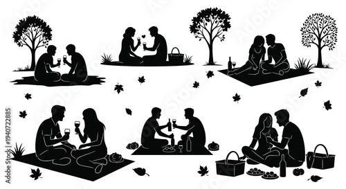 A series of romantic picnic scenes with couples enjoying wine and each other s company silhouette high quality professional detailed modern elegant
