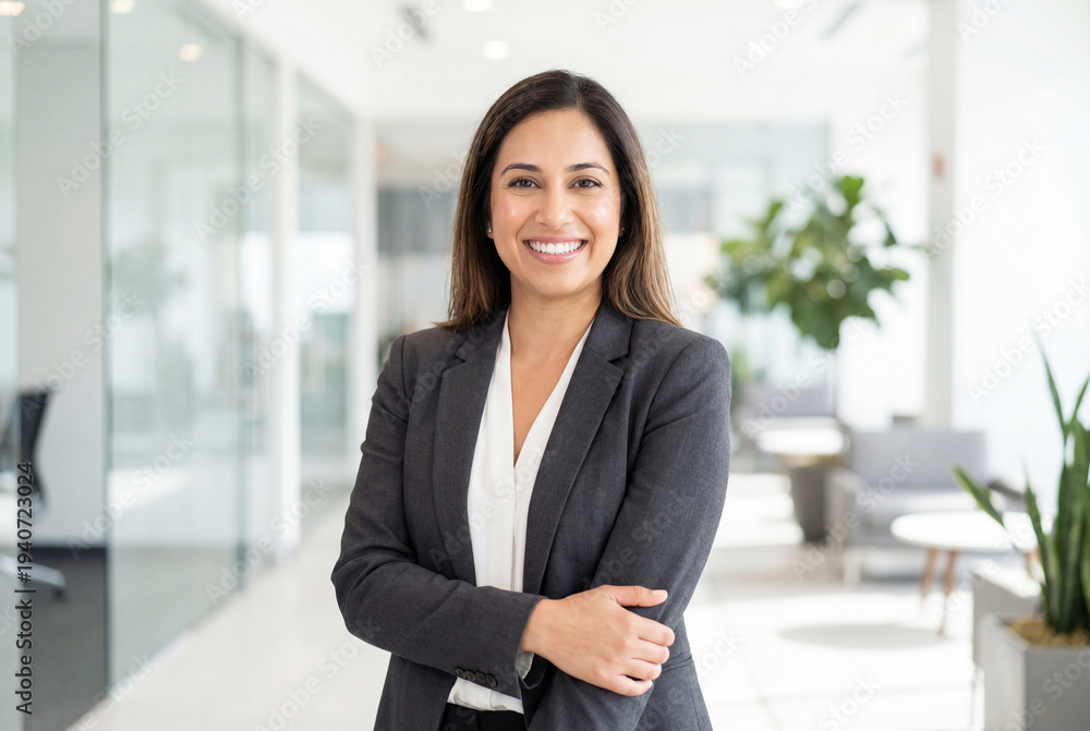 Obraz premium Confident businesswoman in a suit smiling with arms folded in a modern office