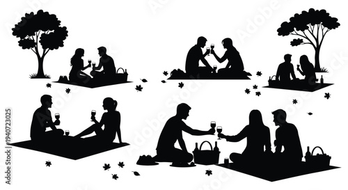 A series of black silhouettes depict couples enjoying outdoor picnics and companionship in a park setting silhouette high quality professional detailed