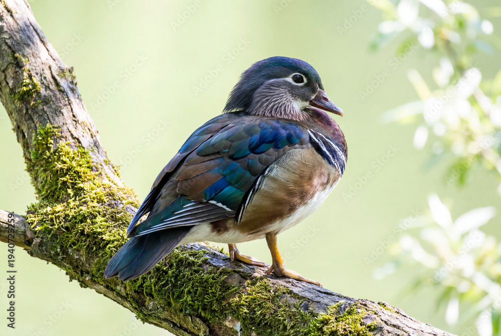 Obraz premium Colorful female mandarin duck sitting on a moss covered tree limb