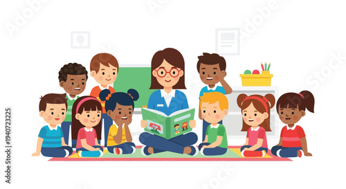 A teacher reads to a diverse group of children sitting in a circle on a colorful rug silhouette high quality professional