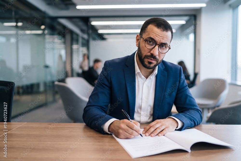 Fototapeta premium Professional middle eastern businessman writing in a notebook at a modern office desk