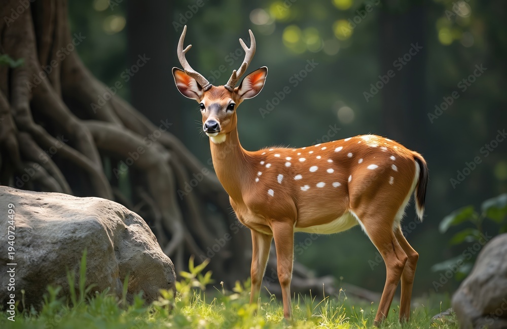 Obraz premium Spotted deer with antlers stands in green grass near large tree roots and rock. Animal looks left, aware of surroundings in natural forest habitat.