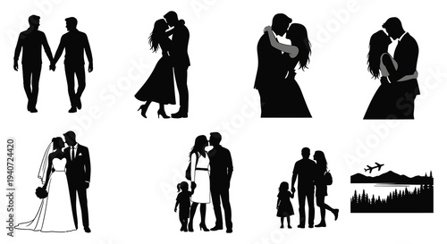 A collection of romantic couple silhouettes depicting love marriage and family moments presented in black silhouette high quality professional detailed modern