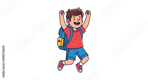 A cheerful young boy joyfully leaps with arms raised carrying a backpack depicted in a striking silhouette high quality professional detailed