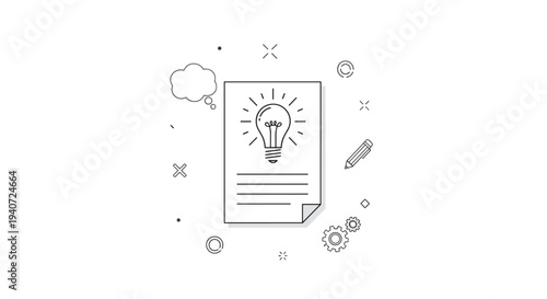 A minimalist line art illustration of a lightbulb on a document, surrounded by a thought bubble, pencil, gears, and abstract shapes on a white background.