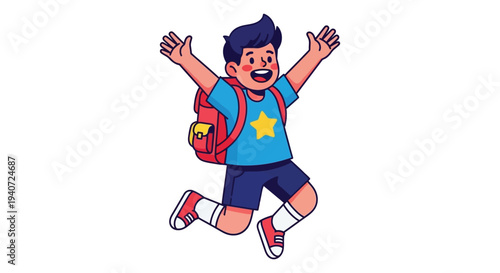 A cheerful young boy jumps for joy carrying a backpack with a star depicted in a vibrant silhouette high quality professional