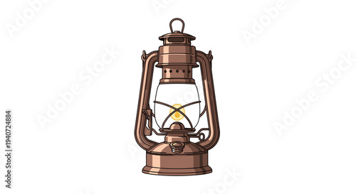 A detailed illustration of a vintage copper-colored oil lamp with a clear glass globe and a small glowing flame, isolated on a white background.