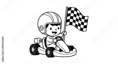 A cheerful cartoon boy victoriously waves a checkered flag while driving a go kart a striking silhouette high quality professional detailed modern